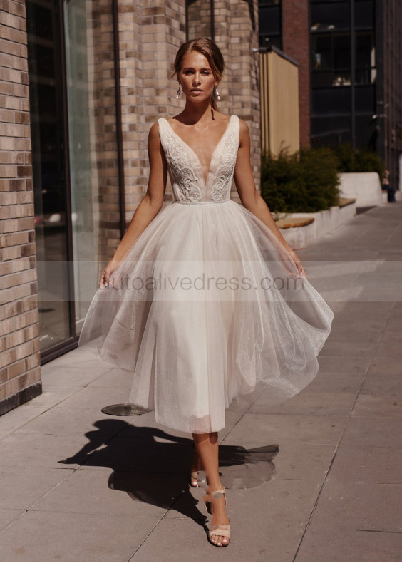 Beaded Light Beige Tulle Glitter Wedding Dress